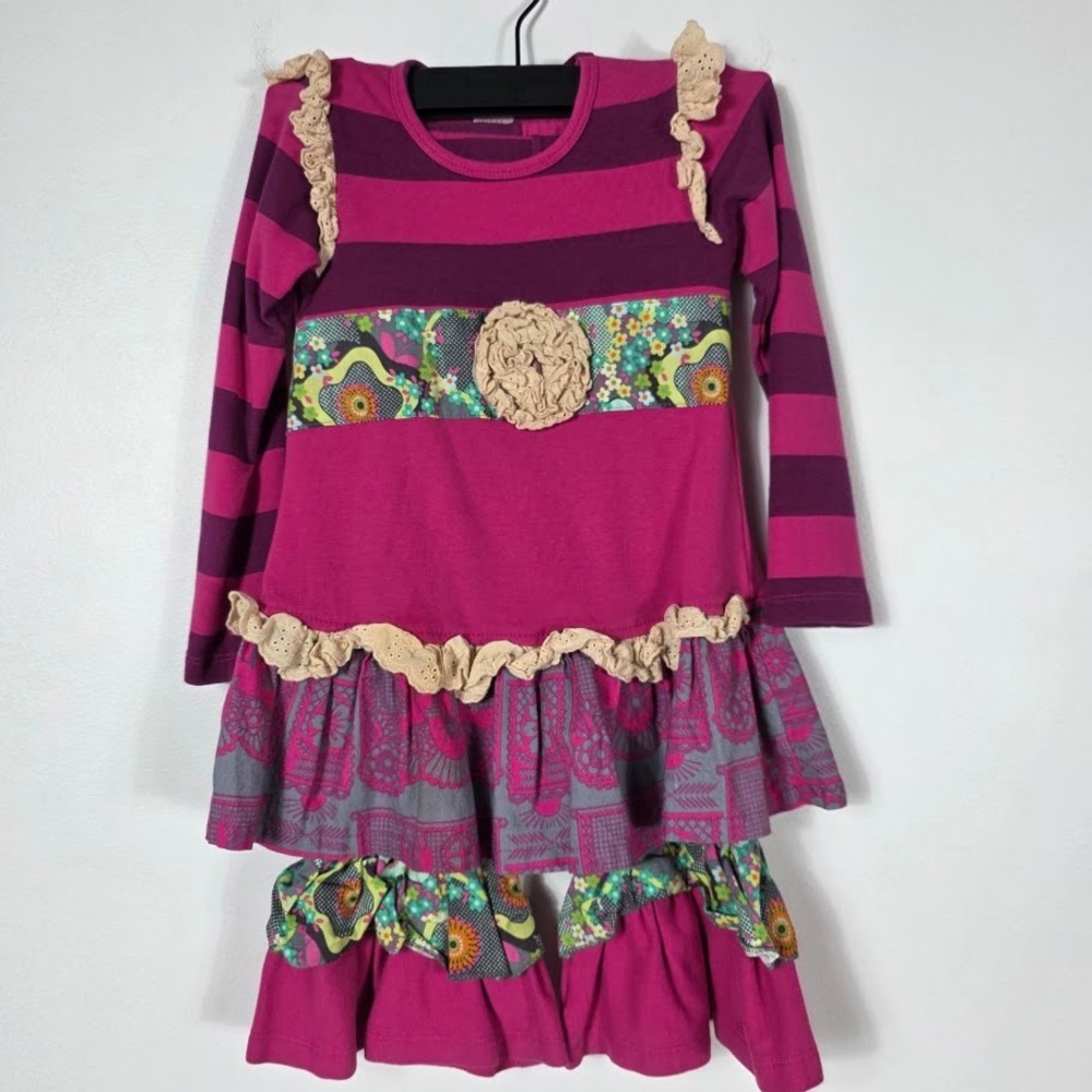 Giggle Moon Girls Striped Ruffle Dress Leggings Set Boho FlawFloral Size‎ 5